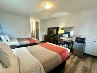 2 double beds, night stand, wall light, art image, wooden drawer unit with TV, desk with lamp and chair, fridge with microwave, laminate flooring, alcove with vanity unit, rail with towels, hanging rail with hangers