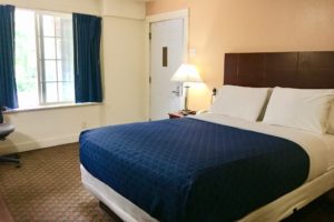 Queen bed, night stand with telphone, clock and bedside lamp and carpet flooring