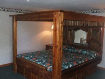 King bed inside a woden canopy, night stand with bedside lamp and carpet flooring