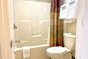 Shower tub with shower curtain, toilet, towel rail with towels, tiled flooring