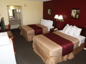 Two double beds, art images, wall bedside lights, night stand with telephone, alcove with vanity sink, wall mounted hair dryer, large wall mounted mirror with overhead strip light, desk with upholstered chair, large wall mounted mirror, wall mounted light, wooden unit with tv, fridge, microwave and carpet floor