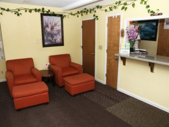 Reception, easy chairs with foot stool extentions, wall mounted art and carpet flooring
