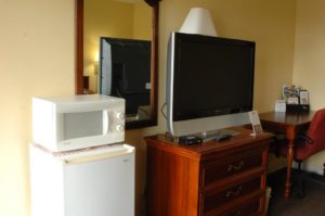 Fridge, microwave, wooden drawers unit with tv, desk with small guest information leaflet stand and upholstered chair