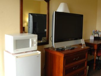 Fridge, microwave, wooden drawers unit with tv, desk with small guest information leaflet stand and upholstered chair