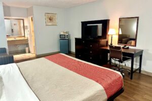 King bed, sofa, fridge with microwave, wooden drawer unit with TV, desk with lamp, chair and telephone, mirror, art image, laminate flooring, alcove with vanity unit, mirror and hair dryer, doorway to bathroom, tiled flooring