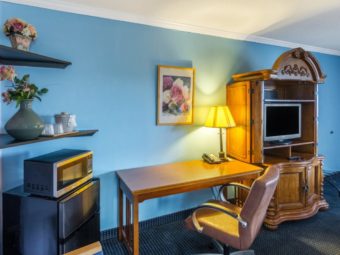 Corner shelves with vases containing flowers, ice bucket, fridge, microwavem desk with office chair, lamp and telephone, wall mounted art, woodem console with tv and carpet flooring