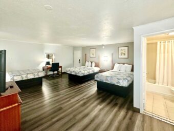 Three double beds, art images, desk with chair, mirror, unit with TV, laminate flooring, doorway to bathroom with shower tub, toilet, tiled flooring