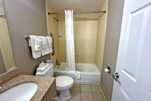 Vanity unit, mirror, towel rail with towels, toilet, shower tub with bathmat and shower curtain, tiled flooring