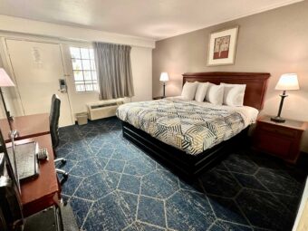 King bed, night stands with bedside lamps, unit with TV, desk with lamp and check, art image, carpet flooring
