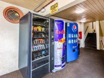Snack and drink vending machines, carpet flooring