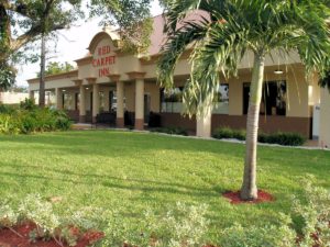 Hotel entrance, grassy area, small bushes and palm trees