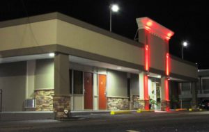 Night shot of hotel entrance