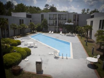 Outdoor pool, patio tales amd chairs, pool loungers on concrete poolside areas, small bushes and palm trees surrounded and overlooked by two storey hotel building