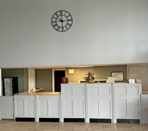 Guest check in desk, tiled flooring