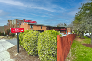 Hotel entrance, brand signage, small shrubs