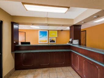 Guest check in desk, tiled flooring