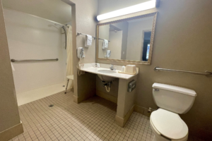 Accessible bathroom with vanity unit, towel rail with towel, hairdryer, toilet, grab bar, shower with seat, shower curtain and grab bar, tiled flooring