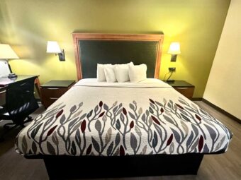 King bed, night stands, bedside lights, desk with lamp and chair, laminate flooring