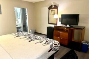 king bed, mirror, fridge, drawer unit with TV, alcove with vanity unit, hanging rail and portable luggage rack, laminate flooring