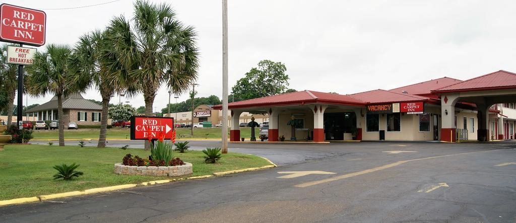 Hotel entrance with canopy, hotel brand signage, grassy areas, palm trees, small plants, driveway to parking areas