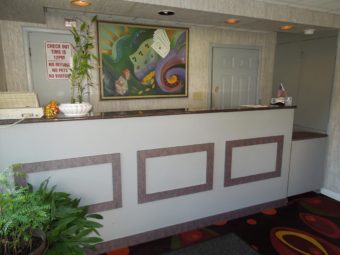 Guest check in desk, small plants, carpet flooring