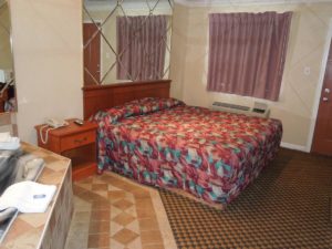 King bed, mirror head board, night stand with telephone, edge of jacuzzi, carpet flooring