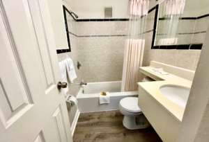 Shower tub with shower curtain and bathmat with bathroom amenities, towel rail with towels, toilet, mirror, vanity unit, laminate flooring