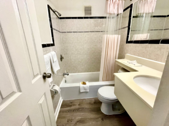 Shower tub with shower curtain and bathmat with bathroom amenities, towel rail with towels, toilet, mirror, vanity unit, laminate flooring