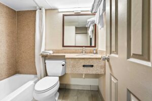 Shower tub with shower curtain, toilet, vanity unit with towel, mirror, towel rail with towels, tiled flooring