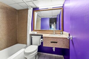 Shower tub with shower curtain, toilet, vanity unit with towel, mirror, tiled flooring