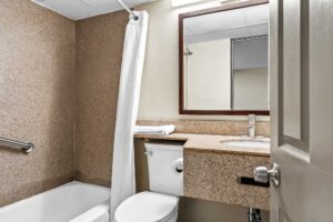 Shower tub with shower curtain and grab handle, toilet, vanity unit with towel, mirror