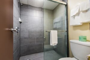 Shower with sliding doors with towel rail with towel, toilet, towel rail with towels