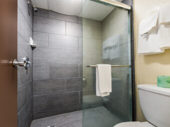 Shower with sliding doors with towel rail with towel, toilet, towel rail with towels