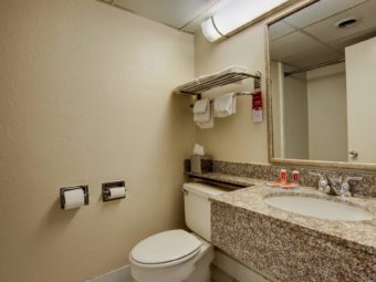 vanity unit with sink, bathoom amenities, large wall mounted mirror and wall mounted towel rail with towels