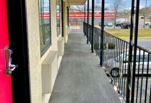 Exterior room entrances and covered walkway