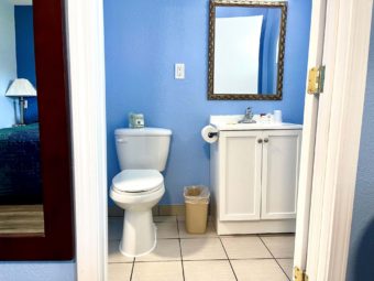 Toilet, vanity unit with mirror, tiled flooring