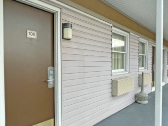 Hotel exterior entrances, covered walkway