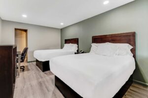 Two double beds, night stand with telephone, desk with chair, wooden unit, laminate flooring