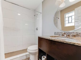 Walk-in shower with shower curtain, toilet, vanity unit, mirror