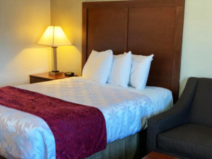 Queen bed, night stand with bedside lamp and clock, sofa