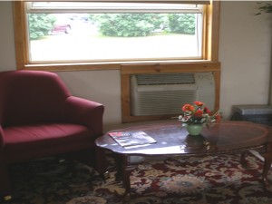 Easy chair, occasional table, vase with flowers, carpet flooring