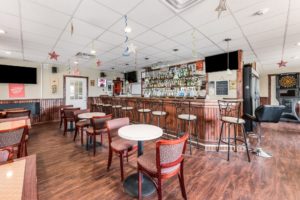 bar with bar stools, small tables with bar stools, tables with chairs,