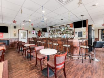 bar with bar stools, small tables with bar stools, tables with chairs,