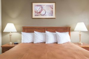 King bed, art image, night stands with bedside lamps and clock