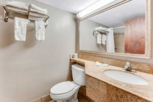 Vanity unit, toilet, mirror, shelf with rail and towels
