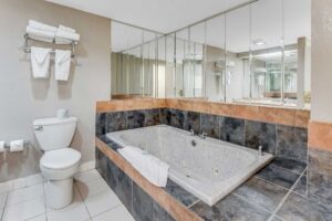 toilet, shelf and rail with towels, spa tub with mirrored surround