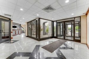 Hotel entrance and lobby, guest check in desk