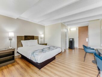 Queen bed, night stands, wall bedside lamps, wooden shelf unit with telephone, fridge with microwave, desk with chair, laminate flooring
