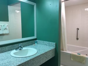 Alcove with vanity unit with bathroom amenities, wall mounted mirror, shower tub with bath mat, shower curtain, grab handles