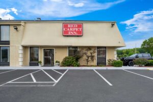 Hotel entrance, landscaping with small shrubs and tree, brand signage, parking spaces